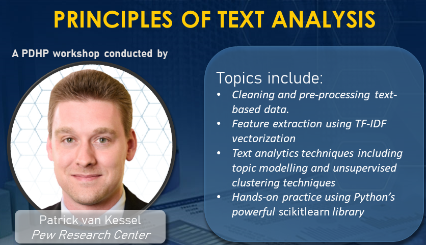 cropped poster: Principles of Text Analysis, presented by Patrick van Kessel