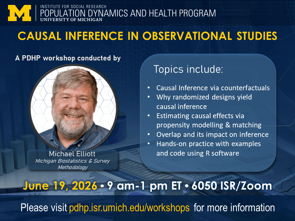 The Institute for Social Research Population Dynamics and Health Program at the University of Michigan presents Causal Inference in Observational Studies, a PDHP Workshop conducted by Michael Elliott of the University of Michigan Biostatistics & the Program In Survey & Data Science. Topics include: Causal inference via counterfactuals, Why randomized designs yield causal inference, Estimating causal effects via propensity modelling & matching, Overlap and its impact on inference, Hands-on practice with examples and code using R. June 19, 2026, 9 am - 1 pm EST, 6050 ISR/Zoom. Please visit pdhp.isr.umich.edu/workshops for more information.